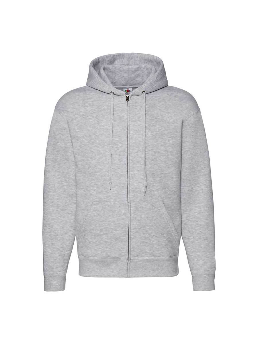 Felpa con cappuccio grigio chiaro personalizzabile con zip, ideale per stampa online di loghi e grafiche aziendali. Abbigliamento promozionale.