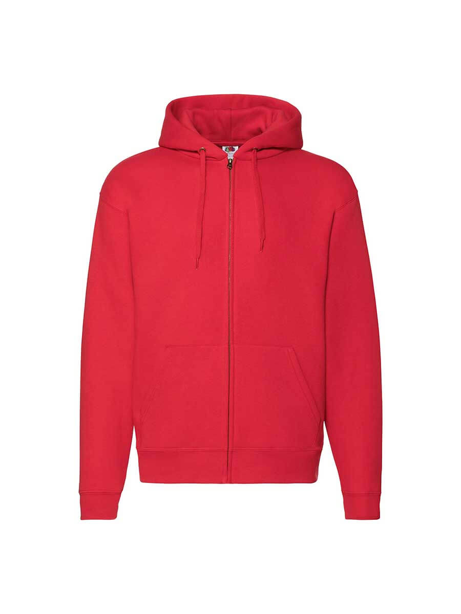 Felpa rossa con cappuccio e zip, ideale per stampa personalizzata con logo aziendale o grafica promozionale. Abbigliamento promozionale online.