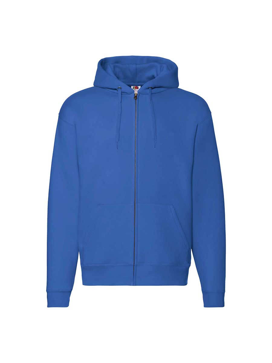 Felpa blu con cappuccio e zip, ideale per stampa logo aziendale o grafica personalizzata. Abbigliamento promozionale stampato online.