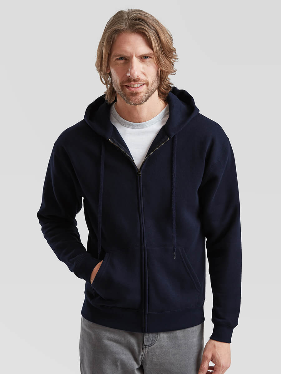 Felpa con cappuccio blu scuro personalizzabile con logo o grafica aziendale. Stampa online per abbigliamento promozionale.