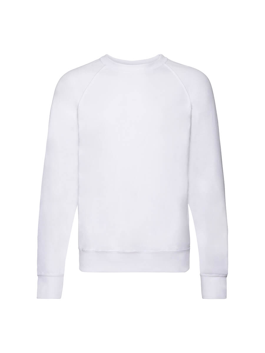 Felpa bianca girocollo con maniche raglan, ideale per stampa logo o grafica personalizzata. Perfetta per abbigliamento promozionale e merchandising.