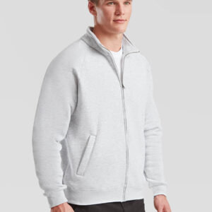 Felpa grigia con zip aperta, collo alto, tasche laterali, ideale per stampa logo aziendale e merchandising promozionale.