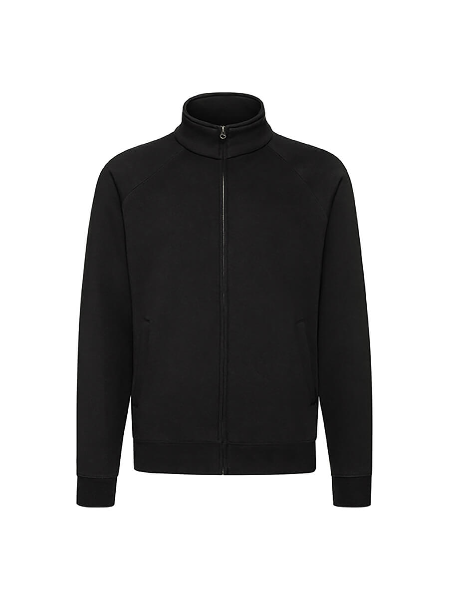 Felpa nera con zip alta e tasche, ideale per stampa logo aziendale o grafica personalizzata. Abbigliamento promozionale e merchandising.