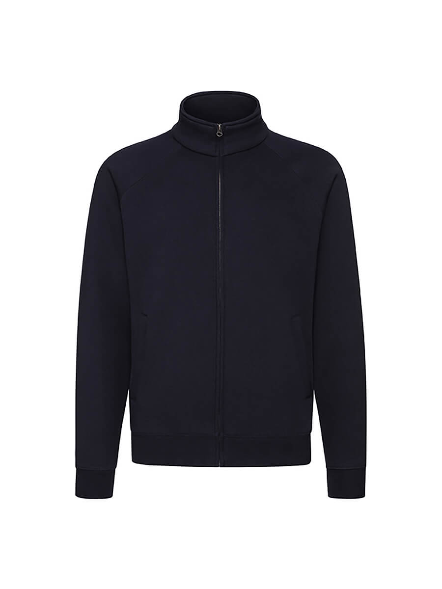 Felpa blu navy con zip intera e collo alto, perfetta per stampa personalizzata. Abbigliamento promozionale e divise aziendali.