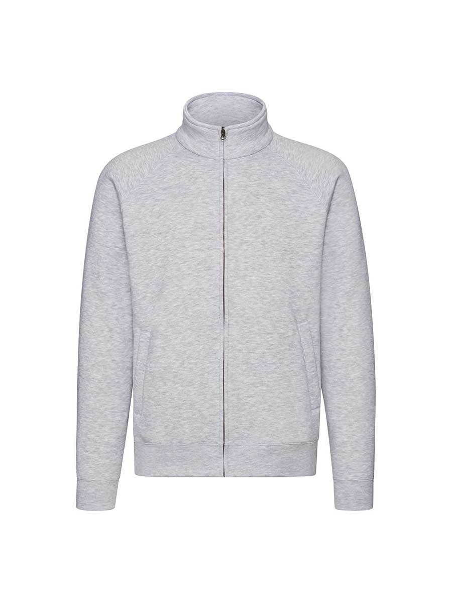 Felpa grigia con zip e colletto alto, ideale per stampa logo aziendale o grafica personalizzata. Abbigliamento promozionale online.