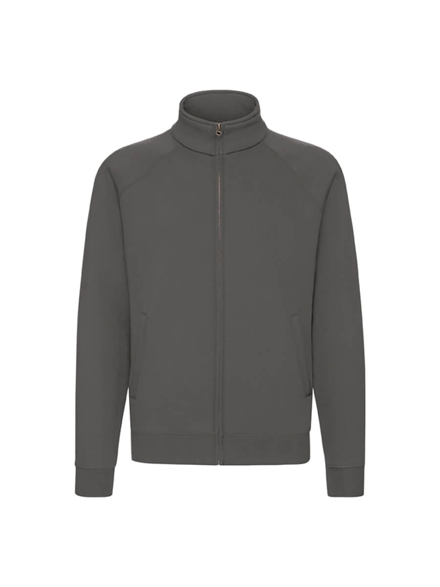 Felpa grigia con zip e colletto alto, ideale per stampa logo aziendale o grafica personalizzata. Perfetta per abbigliamento promozionale e merchandising.