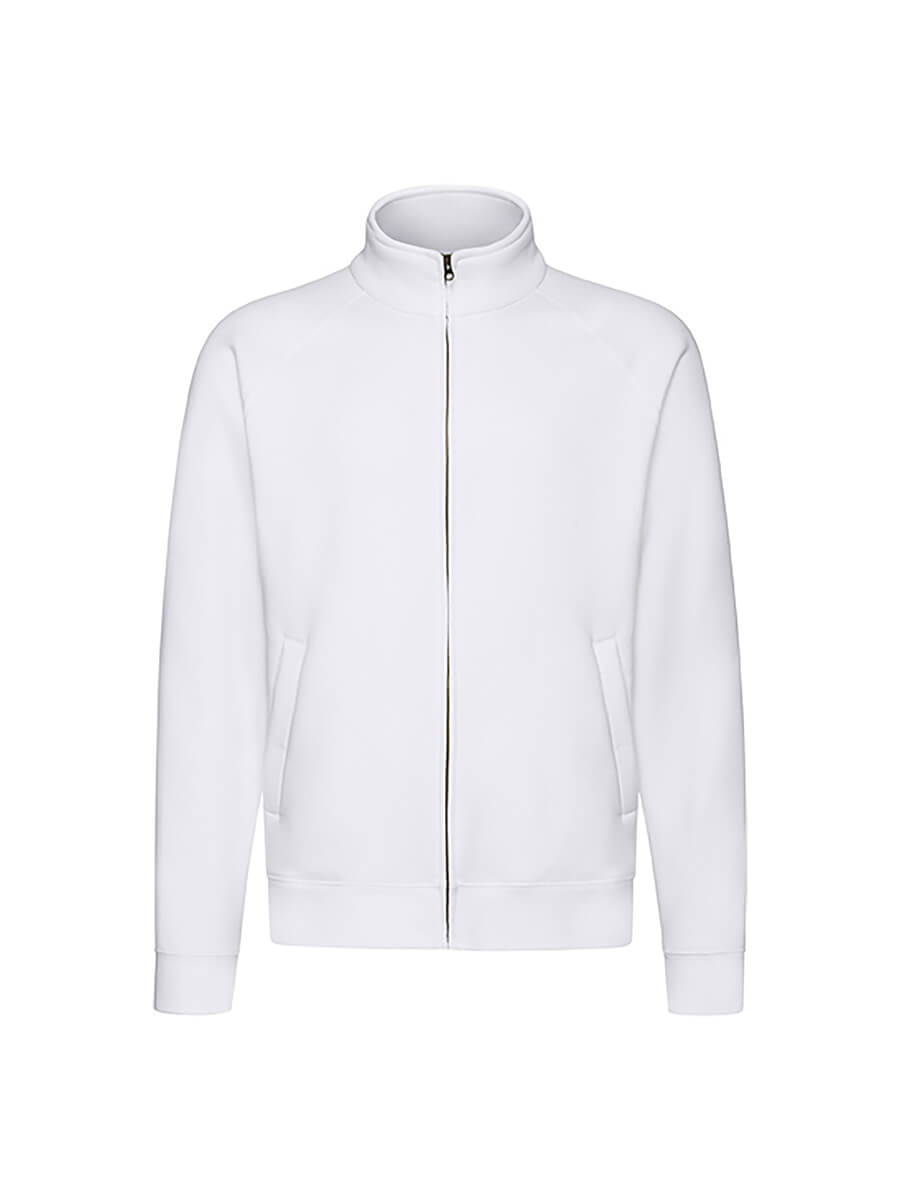 Felpa bianca con zip, collo alto, ideale per stampa personalizzata con logo o grafica aziendale. Abbigliamento promozionale.