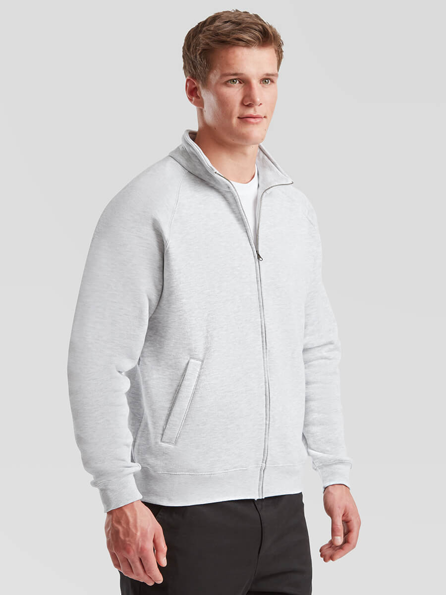Felpa grigia con zip aperta, collo alto, tasche laterali, ideale per stampa logo aziendale e merchandising promozionale.