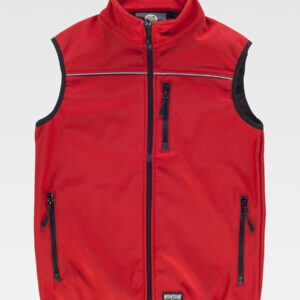 Gilet smanicato rosso personalizzabile con zip intera, collo alto, tasche e banda riflettente. Ideale per abbigliamento da lavoro e promozionale.
