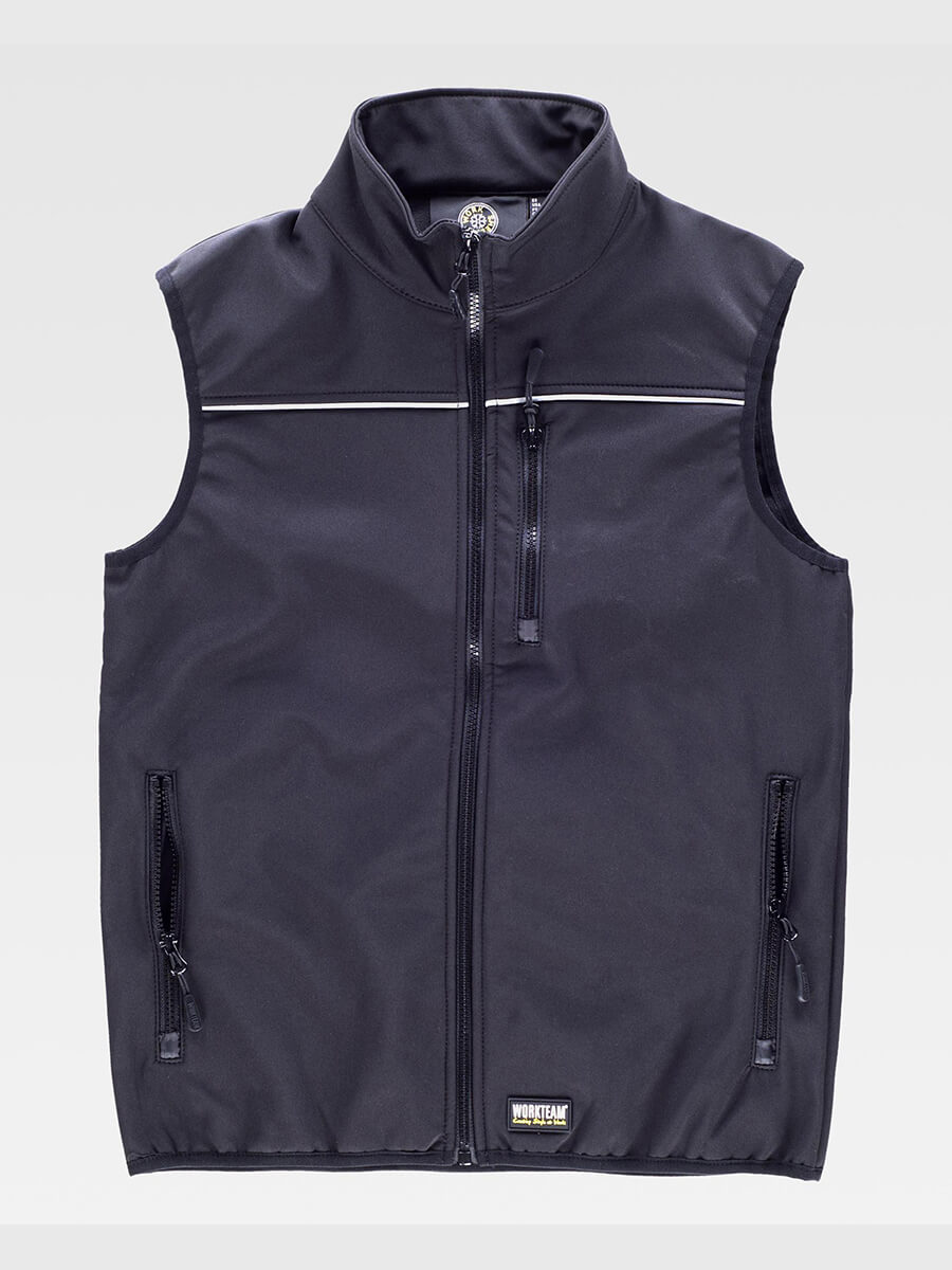Gilet smanicato softshell nero personalizzabile con stampa logo, ideale per abbigliamento da lavoro. Dotato di zip frontale, collo alto e tasche con cerniera.