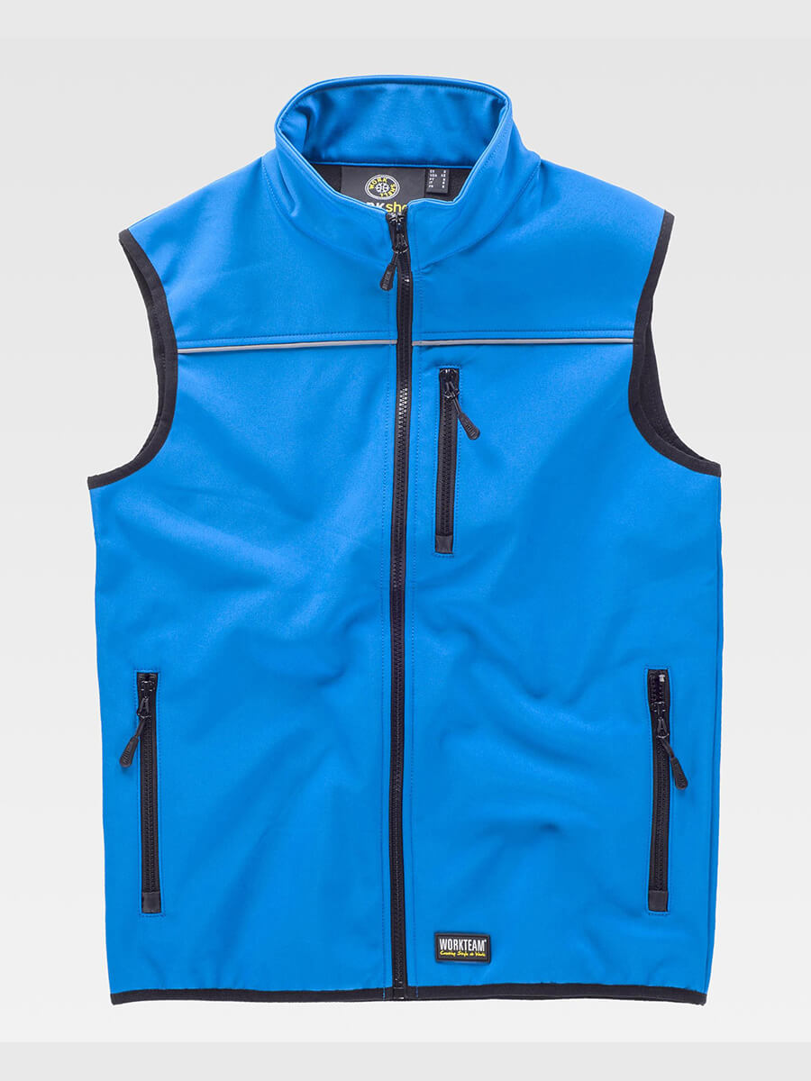 Smanicato softshell blu royal personalizzabile con zip e tasche. Ideale per abbigliamento da lavoro, eventi aziendali e promozioni.