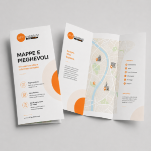 Pieghevole a 3 ante personalizzabile con stampa online, ideale per mappe, eventi, turismo e promozione aziendale. Massima qualità.