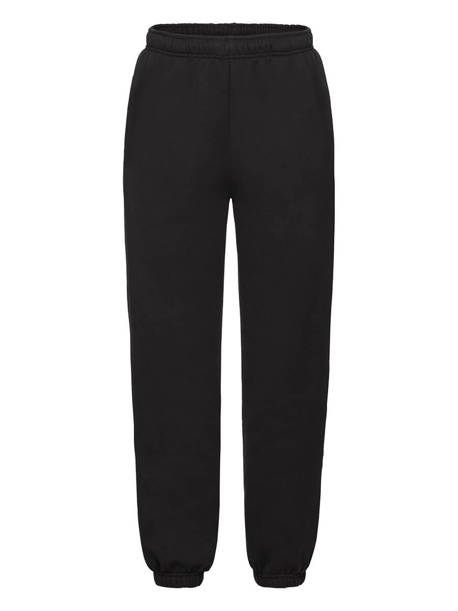 Pantaloni tuta neri unisex, ideali per stampa logo o grafica personalizzata. Perfetti per abbigliamento promozionale e merchandising.
