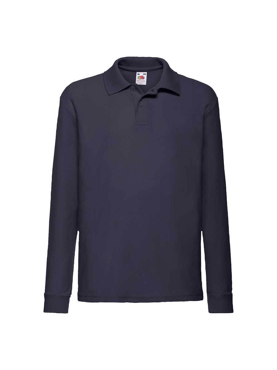Polo manica lunga blu scuro, ideale per stampa logo aziendale o grafica personalizzata. Abbigliamento promozionale e da lavoro.