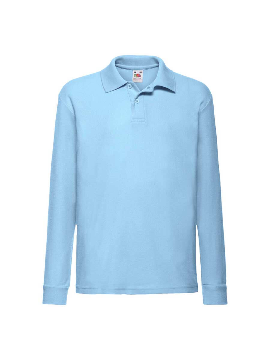 Polo azzurra a manica lunga, pronta per personalizzazione con logo o ricamo. Ideale per divise aziendali e abbigliamento promozionale.