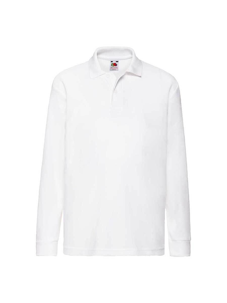 Polo bianca personalizzabile a manica lunga, ideale per stampa logo aziendale o grafica promozionale. Abbigliamento personalizzato online.