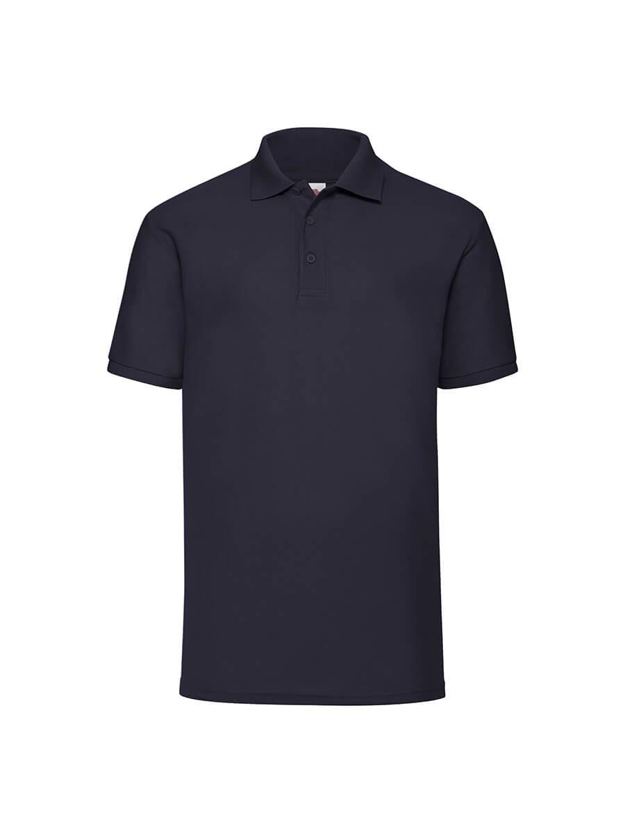 Polo blu scuro personalizzabile con logo aziendale, ideale per divise da lavoro e merchandising promozionale. Stampa online su abbigliamento.