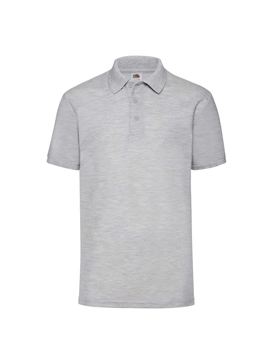 Polo grigia in cotone personalizzabile con logo o grafica, ideale per abbigliamento promozionale e divise aziendali.