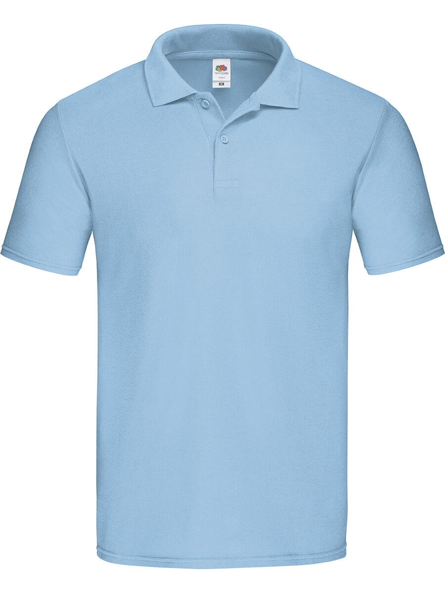 Polo azzurra in cotone, ideale per stampa logo aziendale, merchandising o divise personalizzate. Stampa online su abbigliamento promozionale.