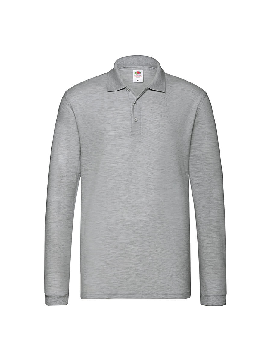 Polo grigia manica lunga personalizzabile con logo o grafica, ideale per abbigliamento promozionale e divise aziendali. Stampa online in Italia.
