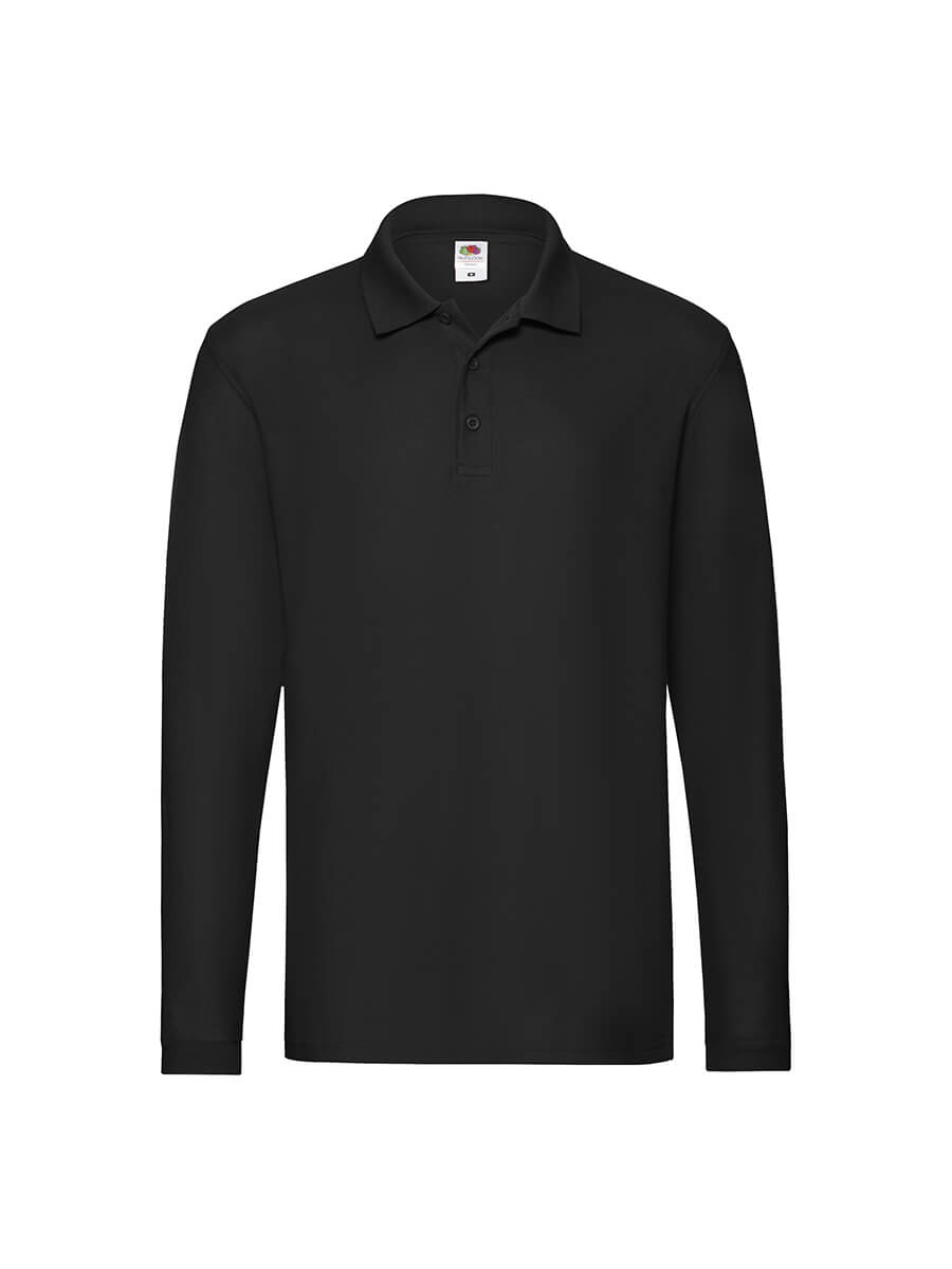 Polo manica lunga nera, capo d'abbigliamento personalizzabile ideale per stampa logo aziendale o grafica promozionale. Perfetta per merchandising.