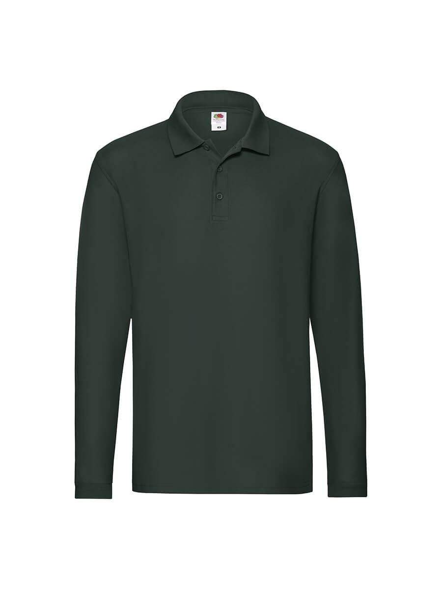Polo manica lunga verde scuro, ideale per stampa logo aziendale o grafica personalizzata. Abbigliamento promozionale di alta qualità.