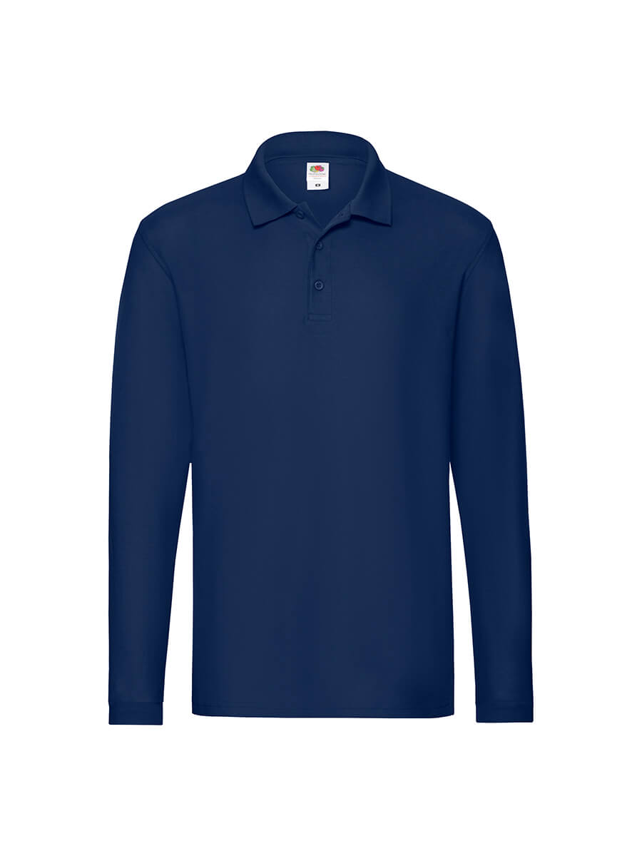 Polo manica lunga blu navy personalizzabile con logo o grafica aziendale. Ideale per abbigliamento promozionale e divise da lavoro.