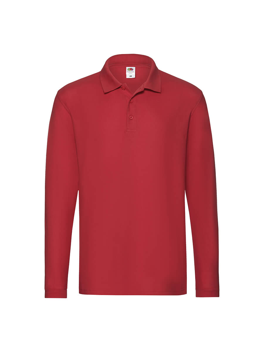 Polo rossa a manica lunga personalizzabile con stampa o ricamo. Ideale per abbigliamento da lavoro, uniformi aziendali e eventi.