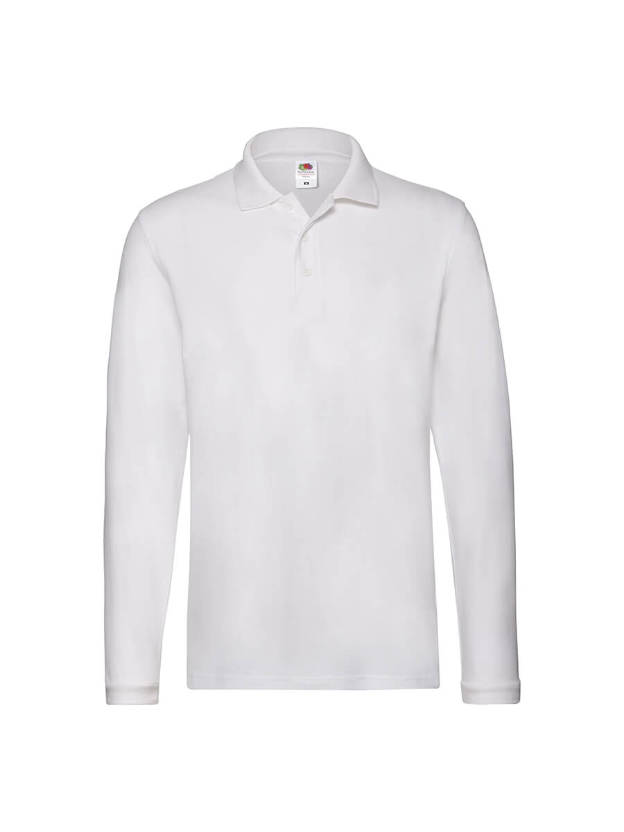 Polo bianca manica lunga da personalizzare con il tuo logo o grafica. Ideale per abbigliamento promozionale e divise aziendali. Stampa online di alta qualità.