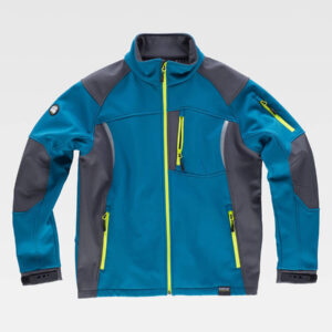 Giacca softshell bicolore blu petrolio e grigia con dettagli giallo fluo, ideale per abbigliamento da lavoro personalizzato e divise aziendali.