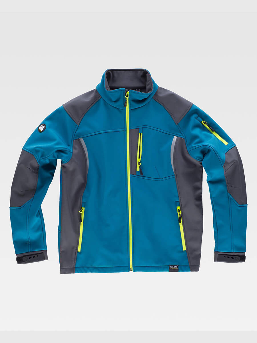 Giacca softshell bicolore blu petrolio e grigia con dettagli giallo fluo, ideale per abbigliamento da lavoro personalizzato e divise aziendali.