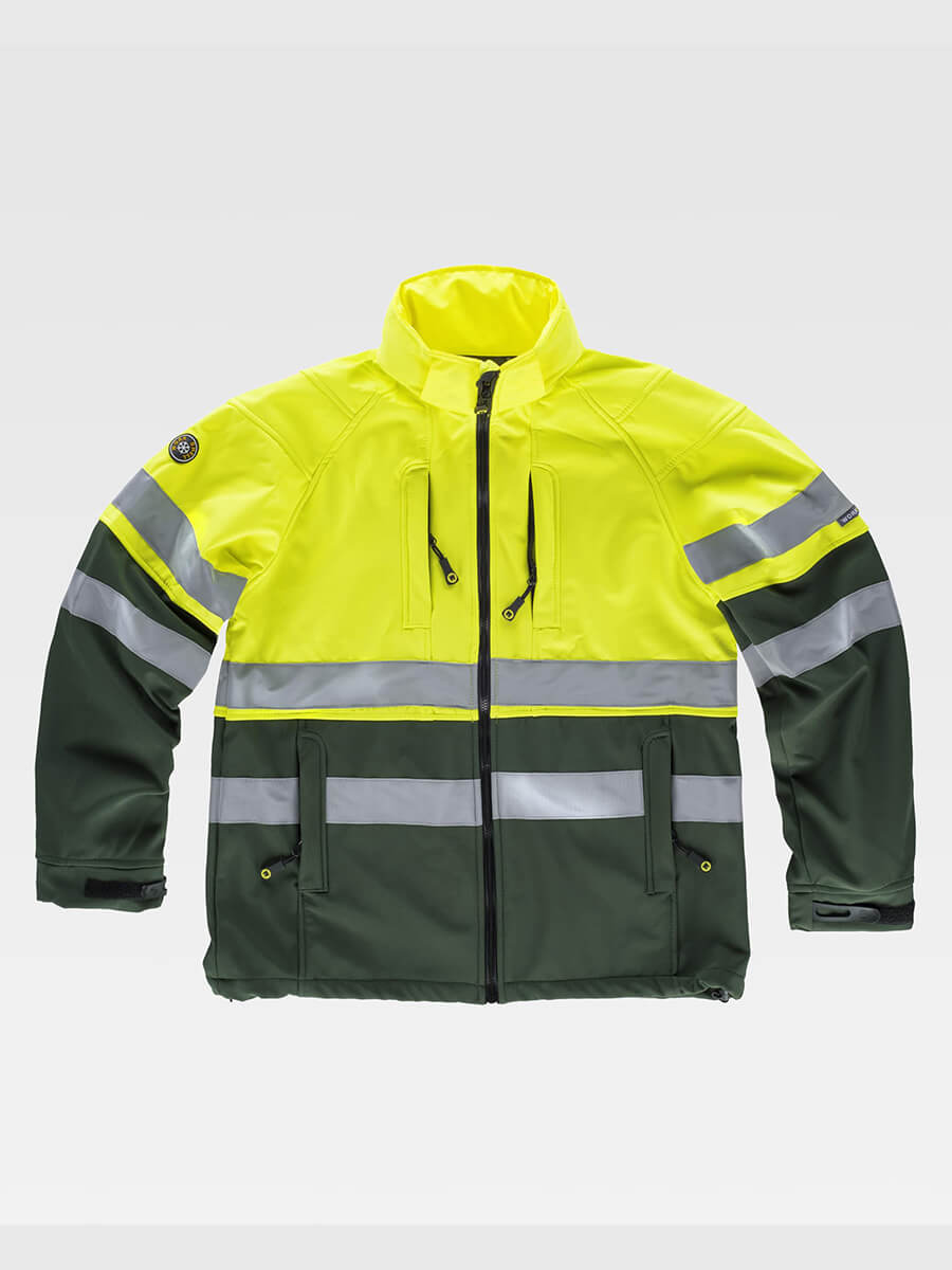 Giacca alta visibilità bicolore giallo fluo e verde scuro con bande riflettenti, ideale per abbigliamento da lavoro personalizzato e sicurezza.