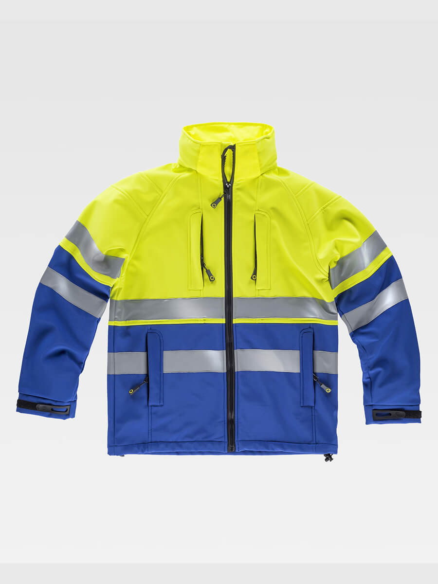 Giacca alta visibilità bicolore giallo fluo e blu con bande riflettenti, personalizzabile con logo. Sicurezza sul lavoro.
