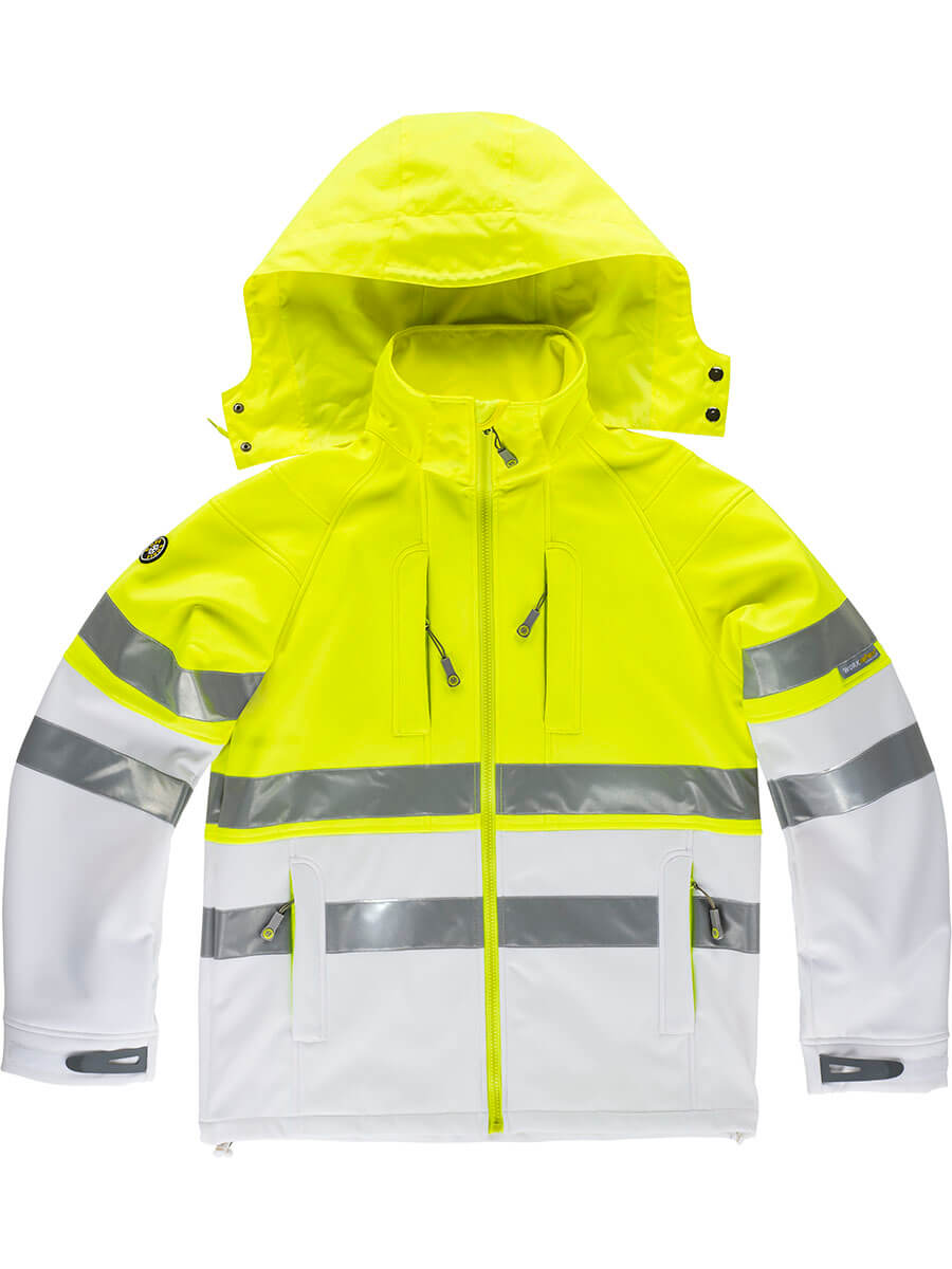 Giacca alta visibilità bicolore (giallo fluo e bianco) con bande riflettenti, personalizzabile con il tuo logo per abbigliamento da lavoro.