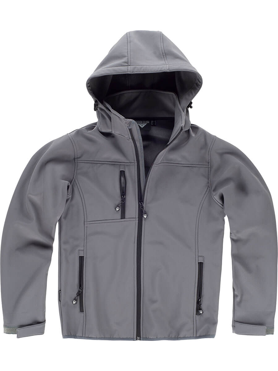 Giacca softshell grigia con cappuccio, zip frontale e tasche, ideale per personalizzazione con logo o grafica. Abbigliamento da lavoro e sportivo.