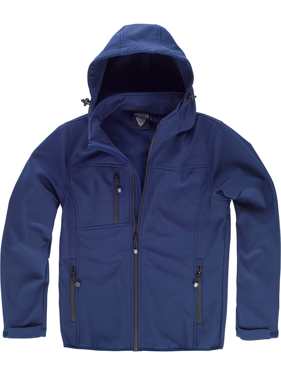 Giacca softshell blu navy con cappuccio, cerniera frontale e tasche con zip. Ideale per abbigliamento da lavoro personalizzato e outdoor.
