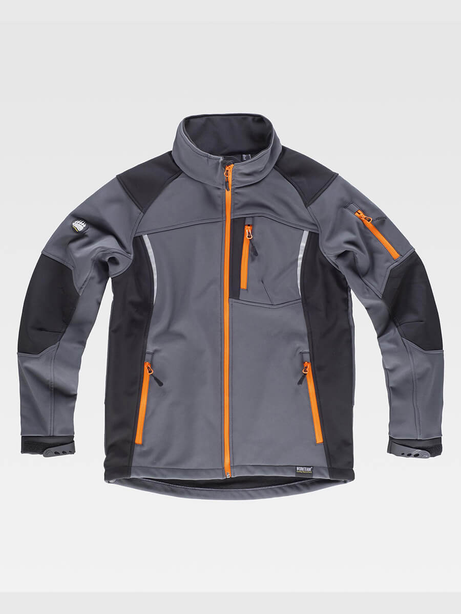 Giacca da lavoro softshell grigia e nera con zip arancioni, personalizzabile con il tuo logo aziendale. Stampa online di qualità.