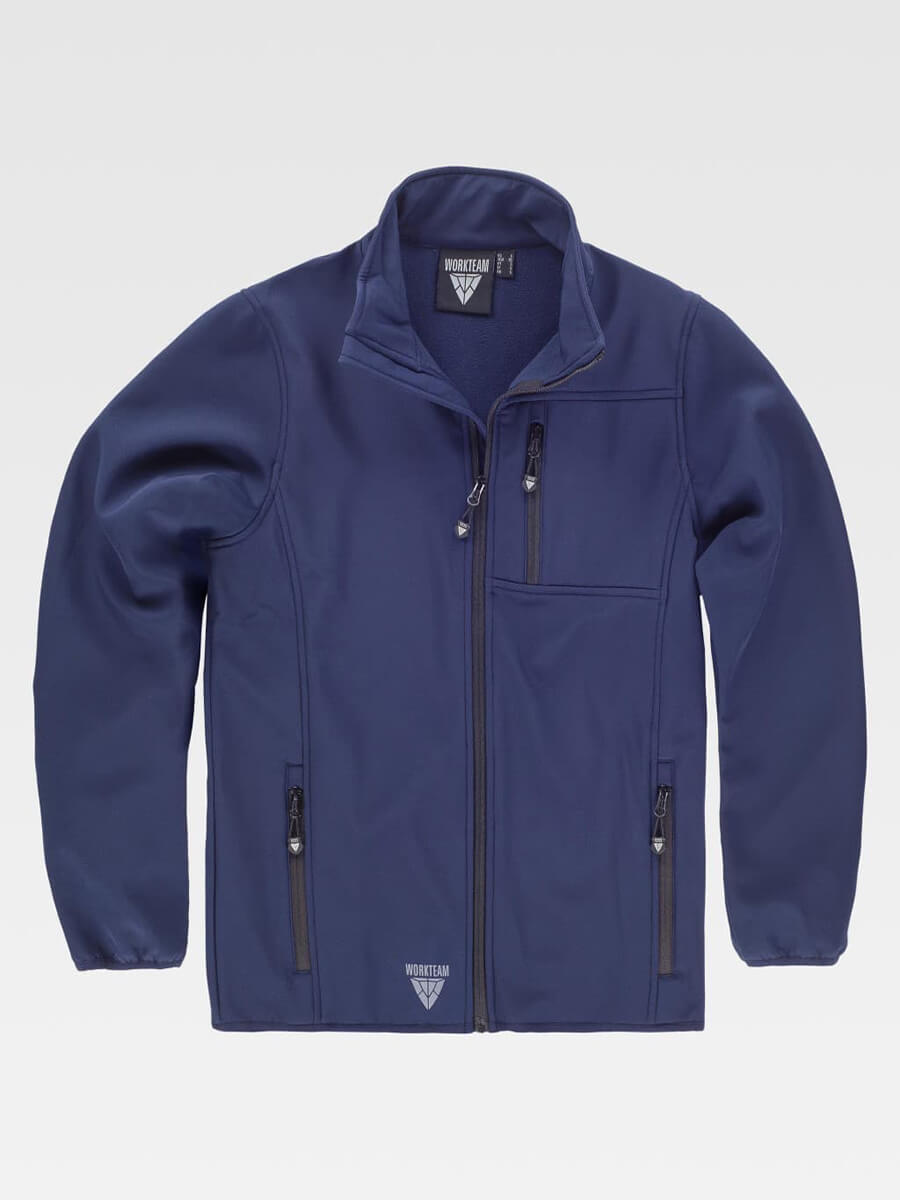 Giacca softshell blu navy personalizzabile con stampa o ricamo del tuo logo aziendale. Ideale per abbigliamento da lavoro e promozionale.