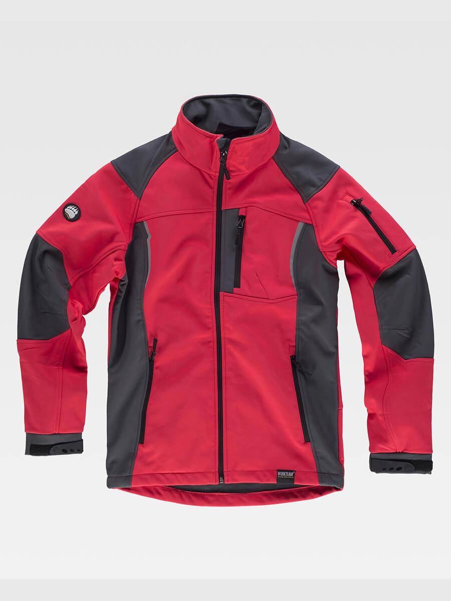 Giacca softshell bicolore rossa e grigia personalizzabile con logo. Tasche zip, collo alto, polsini regolabili. Perfetta per lavoro e promozioni.