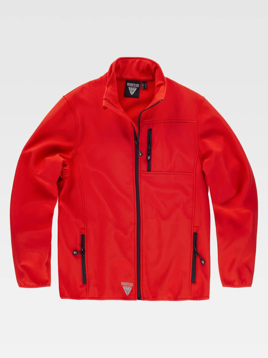 Giacca in pile rossa con cerniere nere, personalizzabile con il tuo logo. Perfetta per abbigliamento da lavoro e promozionale.
