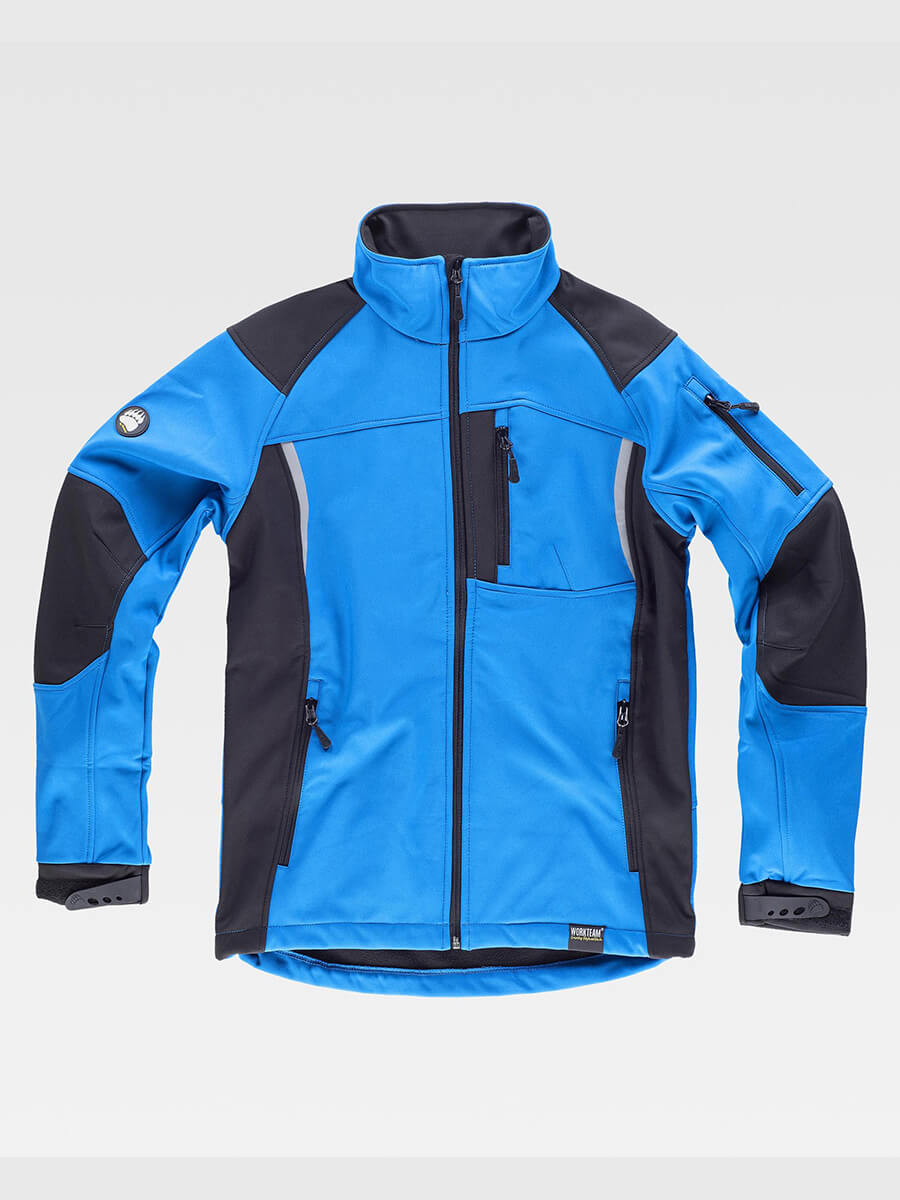 Giacca softshell bicolore blu elettrico e grigio scuro, con cerniere, tasche e dettagli riflettenti. Perfetta per personalizzazione con logo aziendale.