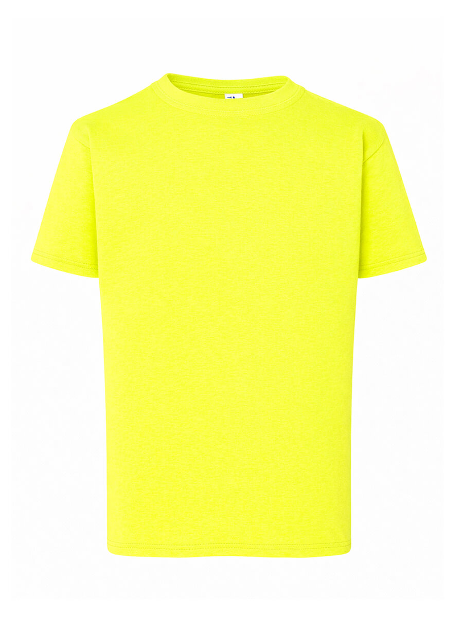 T-shirt a manica corta giallo fluo, personalizzabile con stampa online. Ideale per eventi, promozioni e abbigliamento sportivo.