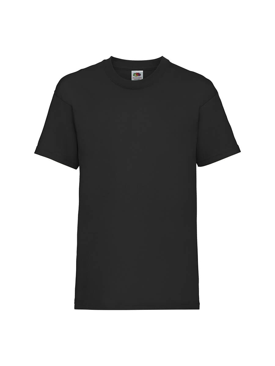 T-shirt nera neutra, ideale per stampa personalizzata con logo o grafica aziendale. Perfetta per abbigliamento promozionale e merchandising.