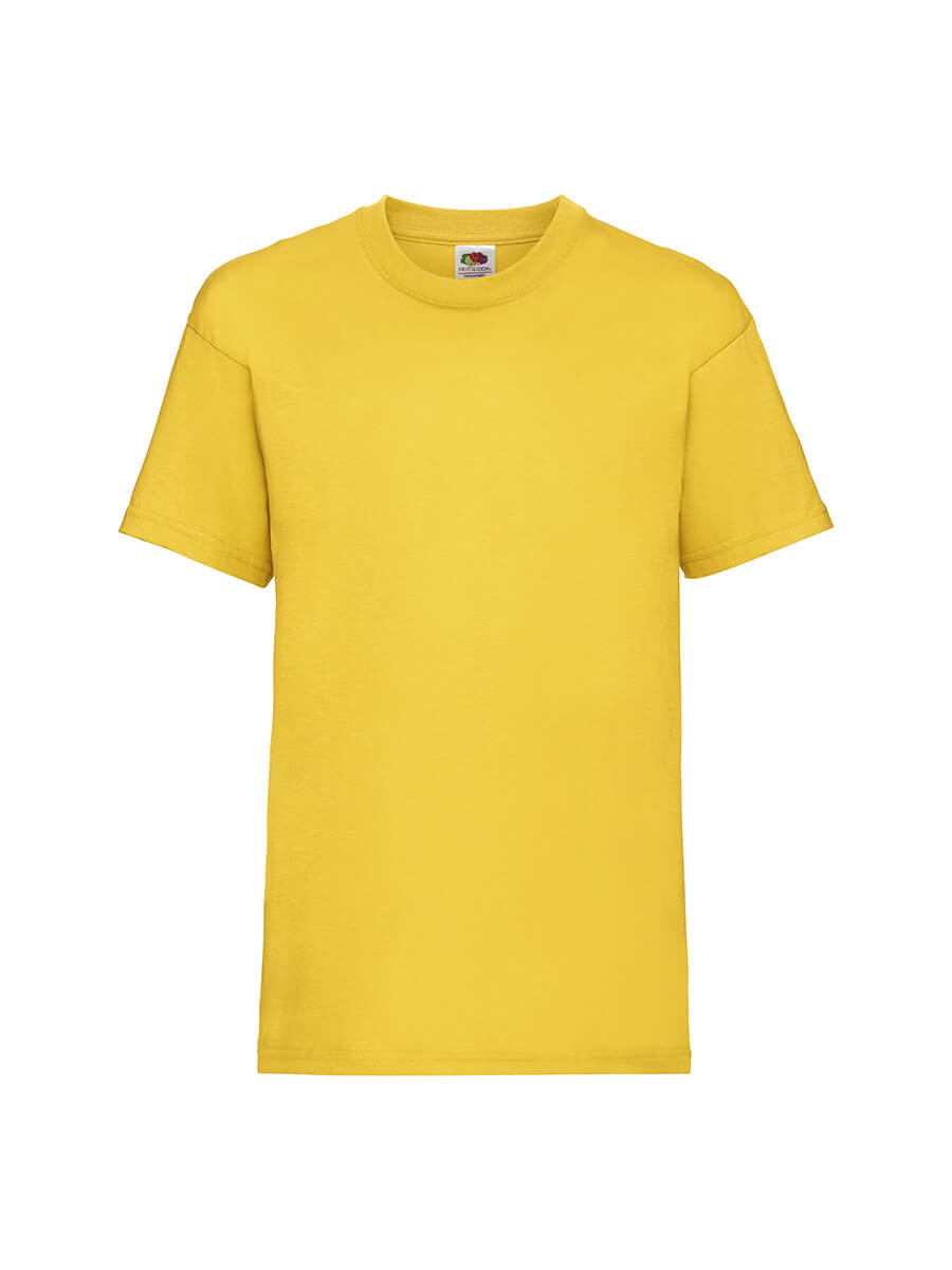 T-shirt gialla girocollo, ideale per stampa personalizzata con logo o grafica aziendale. Abbigliamento promozionale di qualità.