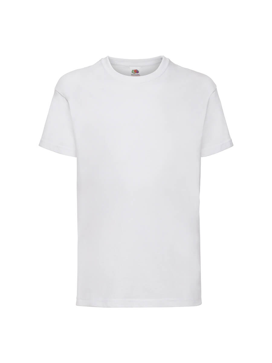 T-shirt bianca neutra, ideale per stampa personalizzata con logo o grafica aziendale. Perfetta per abbigliamento promozionale e merchandising.