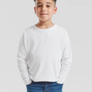 T-shirt a maniche lunghe bianca per bambino, ideale per stampa personalizzata con logo o grafica. Perfetta per abbigliamento promozionale e merchandising.