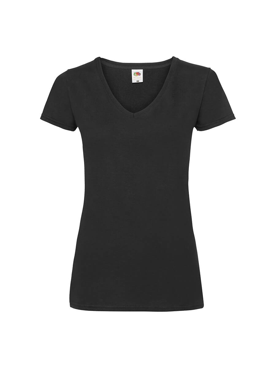 T-shirt scollo a V nera neutra, ideale per stampa logo o grafica personalizzata. Abbigliamento promozionale online.