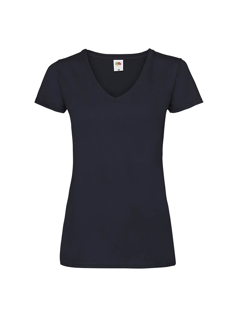 T-shirt scollo a V blu scuro, ideale per stampa logo aziendale o grafica personalizzata. Abbigliamento promozionale e merchandising.