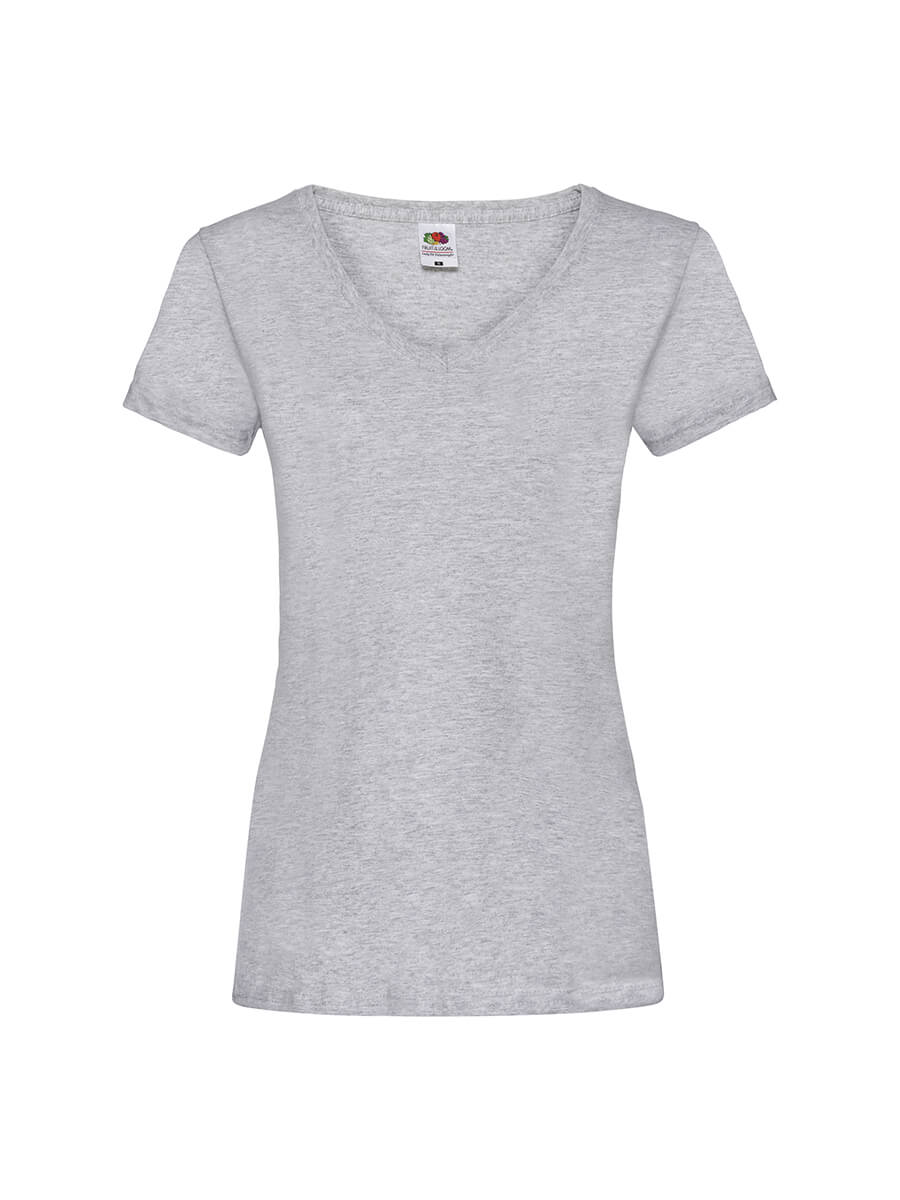 T-shirt donna scollo a V grigio melange, ideale per stampa personalizzata con logo o grafica aziendale. Abbigliamento promozionale.