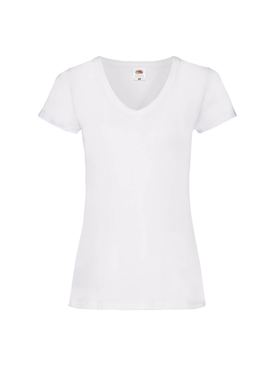 T-shirt bianca da donna con scollo a V, ideale per stampa personalizzata con logo o grafica aziendale. Perfetta per merchandising e abbigliamento promozionale.
